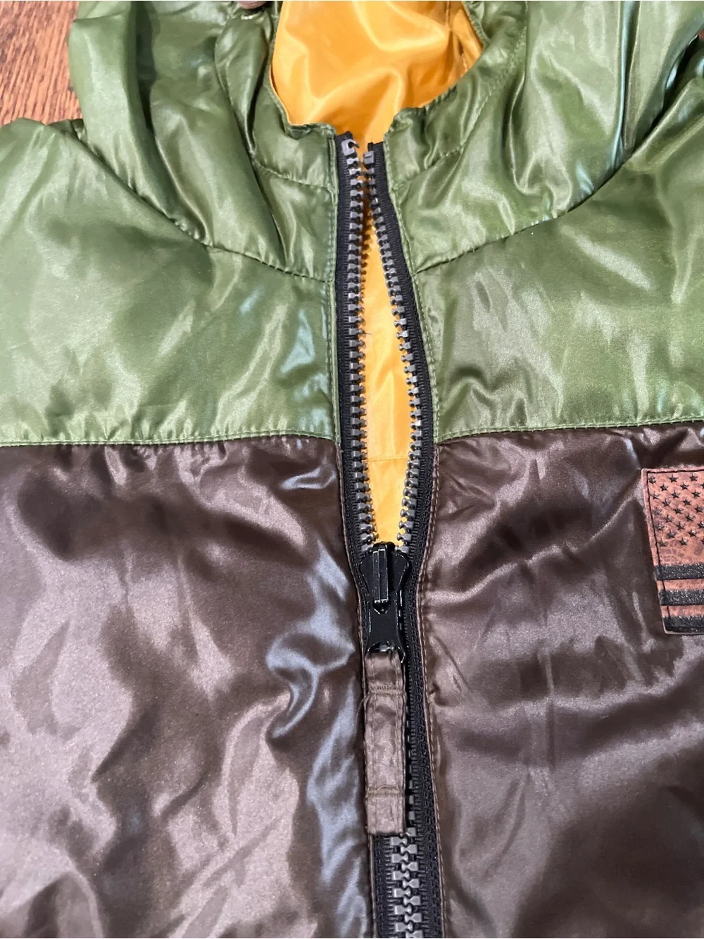 Rocawear Classic Sleeveless Puffer Vest with Hood in Olive, Brown, and Yellow